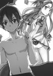  1girl abec animal_print ass asuna_(sao) blush bull collarbone floating_hair greyscale hair_between_eyes highres holding index_finger_raised innertube kirito long_hair looking_at_viewer looking_back monochrome navel novel_illustration official_art panties print_panties shiny shiny_skin short_sleeves sword_art_online underwear very_long_hair 