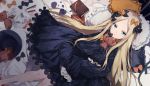  abigail_williams_(fate/grand_order) aqua_eyes bed blonde_hair blood book bow dress fate/grand_order fate_(series) hat long_hair paper porch5681 teddy_bear 