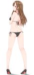  ass bikini black_bikini black_footwear brown_eyes brown_hair butt_crack from_behind full_body high_heels highres idolmaster idolmaster_cinderella_girls long_hair looking_at_viewer looking_back mizumoto_yukari shirushiru_(saitou888) side-tie_bikini simple_background solo standing swimsuit white_background 