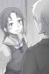  1girl ayakura_juu blush collarbone craft_lawrence eye_contact greyscale helena_(spice_and_wolf) index_finger_raised long_hair looking_at_another monochrome novel_illustration official_art parted_lips ponytail shirt sidelocks smile spice_and_wolf standing upper_body 