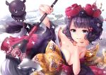  arm_support bare_shoulders black_hair black_kimono blue_eyes blush breasts fate/grand_order fate_(series) father_and_daughter flower giant_brush hair_flower hair_ornament hane_yuki highres japanese_clothes katsushika_hokusai_(fate/grand_order) kimono looking_at_viewer medium_breasts octopus paintbrush short_hair solo tokitarou_(fate/grand_order) 