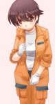  bangs brown_eyes brown_hair closed_mouth commentary cowboy_shot eyebrows_visible_through_hair girls_und_panzer gloves head_tilt long_sleeves looking_at_viewer mechanic nakajima_(girls_und_panzer) orange_jumpsuit pink_background shirt short_hair simple_background sleeves_rolled_up smile solo standing unzipping uona_telepin white_gloves white_shirt 