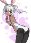  animal_ears ass bunny_ears bunny_girl bunny_tail bunnysuit commentary dark_skin eyebrows_visible_through_hair flying_sweatdrops freckles grey_hair hand_up light_blush looking_at_viewer looking_back original purple_background saiste silver_hair tail tan tearing_up twintails white_background wrist_cuffs 