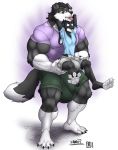  anthro bulge canine clothed clothing daigo duo filut hyper hyper_bulge kimbyfox lagomorph male male/male mammal muscular muscular_male nipple_bulge rabbit size_difference smile tongue tongue_out 