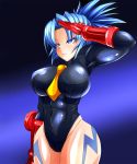  1girl blue_eyes blue_hair breasts cammy_white cammy_white_(cosplay) cosplay curvy female large_breasts leona_heidern leotard salute shiny shiny_skin solo standing street_fighter the_king_of_fighters thick_thighs wide_hips 