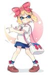  bag bishoujo_senshi_sailor_moon blonde_hair blue_skirt bow commentary cosplay hair_bow highres inkling loafers loose_clothes loose_shirt mask miniskirt pleated_skirt red_bow sailor_moon sailor_moon_(cosplay) sen_squid shirt shoes skirt sock_bow solo splatoon_(series) tentacle_hair tsuki_ni_kawatte_oshioki_yo white_shirt 