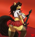  2018 absurd_res amber_steel anthro big_breasts black_hair breasts butt cleavage clothed clothing electric_guitar equine fan_character female fingerless_gloves gloves guitar hair hi_res horn horse legwear looking_at_viewer looking_back mammal metalfoxxx miniskirt musical_instrument my_little_pony panties pose red_theme skirt solo stockings underwear unicorn 