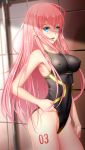  adjusting_clothes adjusting_swimsuit aqua_eyes black_swimsuit breasts competition_swimsuit covered_nipples cowboy_shot geduan highleg highleg_swimsuit highres long_hair looking_at_viewer medium_breasts megurine_luka number one-piece_swimsuit open_mouth pink_hair solo standing swimsuit vocaloid 