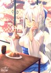  :t ^_^ animal_ear_fluff animal_ears bangs blue_bow blue_hakama blurry blurry_background blush bow breasts chita_(ketchup) chopsticks closed_eyes commentary_request cup depth_of_field eating eyebrows_visible_through_hair fang food fox_ears fox_girl fox_tail hair_between_eyes hair_bow hakama hand_on_own_cheek highres holding holding_chopsticks indoors japanese_clothes kimono large_breasts long_hair long_sleeves original parted_lips saucer short_kimono signature silver_hair solo tail thick_eyebrows very_long_hair white_kimono wide_sleeves 