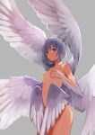  angel_wings bangs breasts collarbone covering covering_breasts covering_crotch cowboy_shot doushimasho eyebrows_visible_through_hair feathered_wings grey_background grey_hair looking_at_viewer multiple_wings navel nude original seraph short_hair simple_background small_breasts solo standing stomach white_wings wing_censor winged_arms wings 