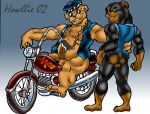  2002 anthro bear belly big_muscles biker bottomless canine clothed clothing dog duo howllie low_res male mammal mostly_nude motorcycle muscular muscular_male penis vehicle 