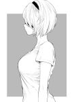  blindfold breasts closed_mouth covered_eyes grey_background greyscale hairband large_breasts mellow_rag mole mole_under_mouth monochrome nier_(series) nier_automata profile shirt short_hair short_sleeves simple_background solo t-shirt upper_body white_hair yorha_no._2_type_b 