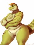  alligator anthro big_breasts breasts clothed clothing crocodilian female inverted_nipples looking_at_viewer msvondran nipples overweight reptile scalie smile solo topless underwear 