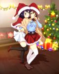  black_hair black_legwear blown_kiss blurry blurry_background blush brown_eyes brown_hair christmas christmas_tree couch depth_of_field detached_sleeves hat heart hibike!_euphonium high_heels highres holding_hands indoors kousaka_reina multiple_girls ornament oumae_kumiko pillow purple_eyes purple_hair santa_hat sbel02 short_hair skirt thighhighs white_legwear wooden_floor yuri 