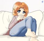 barefoot blue_eyes blue_pants bow braid commentary couch cup denim eyebrows_visible_through_hair foreshortening girls_und_panzer hair_bow holding holding_cup jeans looking_at_viewer orange_hair orange_pekoe pants pierre_kirby pillow robe short_hair sipping sitting tied_hair toes twin_braids 