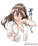  :d ^_^ ^o^ arm_up ashigara_(kantai_collection) blush breasts brown_hair cleavage closed_eyes collarbone collared_shirt cup dress_shirt drinking_glass ebifurya facing_viewer glass hair_between_eyes hairband highres holding holding_cup kantai_collection lips long_hair medium_breasts open_clothes open_mouth saliva shirt short_sleeves simple_background sleeves_rolled_up smile solo translation_request twitter_username upper_body v-shaped_eyebrows white_background white_hairband white_shirt wing_collar 