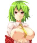  between_breasts breasts breasts_outside closed_mouth collared_shirt eyebrows_visible_through_hair green_hair kazami_yuuka kotobuki_(stealth_sendan) large_breasts long_sleeves looking_at_viewer necktie necktie_between_breasts nipples no_bra off_shoulder open_clothes open_shirt plaid plaid_vest red_eyes shirt short_hair smile solo touhou upper_body vest white_shirt wing_collar yellow_neckwear 