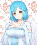  bangs blue_hair braid breasts brown_eyes cleavage closed_mouth collarbone commentary_request dress elbow_gloves eyebrows_visible_through_hair feathered_wings flower gloves head_tilt highres large_breasts moira_(nijisanji) mole mole_under_mouth nijisanji pink_flower short_sleeves smile solo suzuki_puramo virtual_youtuber white_background white_dress white_gloves white_wings wings 