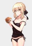  1girl :t alternate_breast_size artoria_pendragon_(all) black_blouse black_panties black_ribbon blonde_hair blouse braid breasts cleavage fate/grand_order fate/stay_night fate_(series) food french_braid grey_background hair_ribbon hamburger highres holding holding_food jewelry leatzche looking_at_viewer medium_breasts necklace off_shoulder panties pendant ribbon saber_alter side-tie_panties sidelocks underwear yellow_eyes 