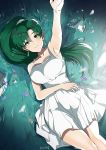  commentary dress earrings fire_emblem fire_emblem:_rekka_no_ken green_eyes green_hair hair_ornament high_ponytail highres idolmaster jewelry long_hair looking_at_viewer lyndis_(fire_emblem) ormille ponytail solo white_dress 