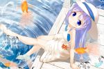  animal bangs bare_arms bare_legs bare_shoulders barefoot blue_eyes blurry blurry_foreground blush breasts chinomaron closed_mouth collarbone commentary_request day depth_of_field dress eyebrows_visible_through_hair fish gochuumon_wa_usagi_desu_ka? goldfish hair_between_eyes hair_ornament hat head_tilt highres kafuu_chino long_hair looking_at_viewer looking_to_the_side outdoors pier purple_hair reflection sidelocks signature sitting sleeveless sleeveless_dress small_breasts smile soaking_feet solo sun_hat very_long_hair water water_drop white_dress white_hat x_hair_ornament 