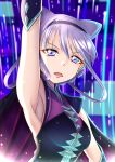  arm_up armpits blue_background blue_eyes cape hair_rings highres hugtto!_precure looking_at_viewer multicolored multicolored_eyes open_mouth precure purple_eyes purple_hair ruru_amour short_hair solo upper_body zakuro0508 