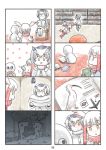  4koma bangs bird blunt_bangs book cerulean_(kemono_friends) comic eating food head_wings highres japanese_crested_ibis japanese_crested_ibis_(kemono_friends) japari_bun kemono_friends multicolored_hair multiple_4koma multiple_girls murakami_kou_(raye) northern_white-faced_owl_(kemono_friends) open_book page_number reading red_hair silent_comic white_hair yellow_eyes 