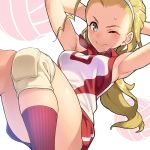  armpits arms_behind_head blonde_hair brown_eyes closed_mouth commentary girls_und_panzer hair_pulled_back hairband knee_pads legs long_hair looking_at_viewer lying on_back one_eye_closed pairan ponytail red_legwear red_shirt red_shorts sasaki_akebi shirt short_shorts shorts sit-up sleeveless sleeveless_shirt smile socks solo sportswear sweat v-shaped_eyebrows volleyball volleyball_uniform white_hairband 