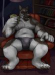  alcohol anthro belly beverage big_bulge book bulge canine clothing glitter_trap_boy inside looking_at_viewer male mammal mature_male moobs navel open_mouth overweight sitting smile solo underwear 