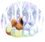  closed_eyes commentary_request creature eevee gen_1_pokemon ibui_matsumoto no_humans pokemon pokemon_(creature) purple_eyes shiny_pokemon snow tree winter 