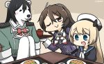  :d animalization ashigara_(kantai_collection) bear blonde_hair blue_eyes brown_eyes brown_hair chikuma_(kantai_collection) commentary dated food gloves hair_between_eyes hairband hamu_koutarou hat highres jacket jervis_(kantai_collection) kantai_collection long_hair long_sleeves military military_uniform multiple_girls one_eye_closed open_mouth purple_jacket smile uniform white_gloves white_hairband white_hat 