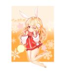  ;3 absurdres animal_ears barefoot blonde_hair brown_eyes bunny_ears dungeon_and_fighter error flower hair_flower hair_ornament hairclip highres jacket jewelry long_hair mage_(dungeon_and_fighter) no_pants one_eye_closed paruya red_jacket red_scarf safety_pin scarf smile solo toes wrong_feet zipper 