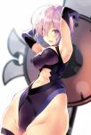  armpits arms_up bad_id bad_pixiv_id blush breasts cleavage elbow_gloves eyebrows_visible_through_hair fate/grand_order fate_(series) gloves hair_over_one_eye highleg highleg_leotard highres hips kekemotsu large_breasts lavender_hair leotard looking_at_viewer mash_kyrielight navel navel_cutout open_mouth purple_eyes purple_gloves purple_leotard shield short_hair simple_background smile solo white_background 