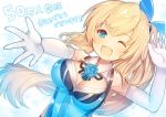  bare_shoulders blonde_hair blue_eyes blush breasts cleavage commentary_request elbow_gloves gloves hair_ribbon large_breasts long_hair looking_at_viewer mirai_akari mirai_akari_project open_mouth ribbon rk_(rktorinegi) side_ponytail smile solo virtual_youtuber white_gloves 