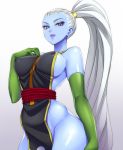  1girl angel artist_request blue_eyes blue_skin breasts dragon_ball dragon_ball_super elbow_gloves erect_nipples erect_nipples_under_clothes female gloves green_gloves hand_on_hip hand_on_own_chest lipstick long_hair long_ponytail makeup navel nipples ponytail purple_eyes purple_lipstick pussy tied_hair vados_(dragon_ball) white_hair 