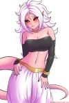  2018 absurd_res android_21 armwear bandeau black_sclera blush breasts clothing colored_nails digital_media_(artwork) dragon_ball dragon_ball_fighterz eyelashes female hair hi_res humanoid long_hair looking_at_viewer majin majin_android_21 navel pointy_ears red_eyes simple_background solo twistedscarlett60 white_background white_hair 