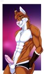  2018 abs anthro athletic balls blue_eyes body_hair brown_fur canine chest_hair cinta clothed clothing erection fluffy fox fur gloves_(marking) hair hands_behind_back looking_at_viewer male mammal markings mostly_nude multicolored_fur muscular orange_fur orange_hair penis pink_background pink_nose pink_penis purple_background sharp_teeth simple_background smile solo standing teasing teeth topless two_tone_background two_tone_fur underwear undressing white_fur 