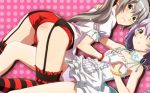  akiba's_trip akiba's_trip_2 ass blush gloves green_eyes long_hair looking_at_viewer multiple_girls official_art polka_dot polka_dot_background purple_hair ribbon rin_(akiba's_trip_2) scan scan_artifacts silver_hair striped striped_legwear thick_thighs thighhighs thighs tokikaze_shizuku twintails underwear very_long_hair watanabe_akio white_gloves 