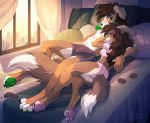  2018 4_toes anthro australian_shepherd bed bedroom brown_hair butt canine claws clothed clothing cookie curtains digital_media_(artwork) dog duo eyes_closed female food fur green_eyes green_nose green_pawpads hair hioshiru inside kota_(lipton) long_hair lying male mammal multicolored_fur nana_(fadey) on_back on_bed on_side pawpads pillow pink_nose pink_pawpads smile toe_claws toes window 