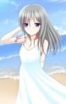  arm_behind_back bare_shoulders beach blue_eyes blue_sky blush burn_scar cloud collarbone commentary day dorei_to_no_seikatsu_~teaching_feeling~ dress grey_hair hand_in_hair highres long_hair looking_at_viewer ocean outdoors revision robu_(ms08bb) scar sky smile solo sundress sylvie_(dorei_to_no_seikatsu) white_dress 
