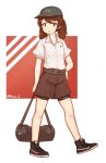  bag brown_eyes brown_hair collarbone duffel_bag full_body hat highres jacy kantai_collection looking_at_viewer parted_lips ryuujou_(kantai_collection) shoes short_hair short_sleeves short_twintails shorts sneakers solo twintails twitter_username under_armour 