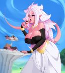  absurdres ahoge android_21 arm_warmers artist_name baggy_pants bangle bare_shoulders black_nails black_sclera blue_sky bracelet breasts cherry chocolate cleavage commentary cupcake day doughnut dragon_ball dragon_ball_z ear_piercing earrings eating food fruit half-closed_eyes highres hoop_earrings jewelry large_breasts long_hair looking_at_viewer majin_android_21 messy_hair monster_girl nail_polish navel outdoors pants piercing pink_skin pointy_ears red_eyes sky solgryn strapless sweets table tail tongue tongue_out tubetop very_long_hair white_hair white_pants 