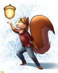  acorn anthro ashnard big_tail blonde_hair chibi claws clothing conditional_dnp fluffy fluffy_tail fur glowing green_eyes hair happy hi_res jeans male mammal nut open_mouth pants ratte rodent shirt simple_background squirrel tan_fur toe_claws 