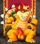  2018 3_toes 4_fingers anthro balls bowser claws collar digital_drawing_(artwork) digital_media_(artwork) erection exoticdreamer hair horn koopa male mammal mario_bros nintendo nude penis scalie simple_background smile solo spiked_collar spikes teeth toes video_games 