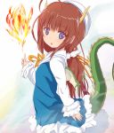  ahoge bangs beret blue_dress blue_eyes blush brown_hair dragon_girl dragon_horns dragon_tail dragon_wings dress eyebrows_visible_through_hair fire green_wings hat head_tilt highres hinatsuru_ai horns index_finger_raised katsuo9 kemonomimi_mode long_hair long_sleeves looking_at_viewer looking_to_the_side low_twintails parted_lips ryuuou_no_oshigoto! sidelocks simple_background sleeves_past_wrists solo tail tail_raised twintails upper_teeth v-shaped_eyebrows very_long_hair white_background white_hat wings 