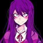  1girl blush collar crazy_eyes crazy_smile doki_doki_literature_club hair_between_eyes hair_ornament hairclip kokomi_(aniesuakkaman) long_hair looking_at_viewer neck_ribbon purple_eyes purple_hair red_ribbon ribbon school_uniform white_collar yandere yuri_(doki_doki_literature_club) 