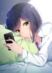  black_hair cellphone commentary_request eyebrows_visible_through_hair highres looking_at_viewer lying nijisanji on_stomach phone pillow shizuka_rin short_hair smartphone smile solo taiyaki_(astre) virtual_youtuber yellow_eyes 