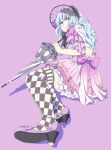  back bangs blue_hair blunt_bangs bonnet breasts checkered checkered_legwear dress high_heels long_hair looking_at_viewer mary_janes mattaku_mousuke medium_breasts open_mouth original pink_hair shoes silhouette simple_background sitting solo thighhighs umbrella yellow_eyes 