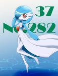  1girl alternate_color blue_background blue_hair blush breasts female full_body gardevoir gen_3_pokemon gradient gradient_background hand_up looking_at_viewer neichii no_humans no_nipples open_mouth pokemon pokemon_(creature) red_eyes shiny_pokemon short_hair simple_background small_breasts smile solo standing text 