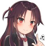  bangs black_jacket blush bow brown_hair closed_mouth collared_shirt commentary_request eyebrows_visible_through_hair hair_between_eyes hair_bow head_tilt index_finger_raised jacket long_hair looking_at_viewer noa_(letizia) red_bow red_eyes ryuuou_no_oshigoto! shirt simple_background smile solo white_background white_shirt yashajin_ai 